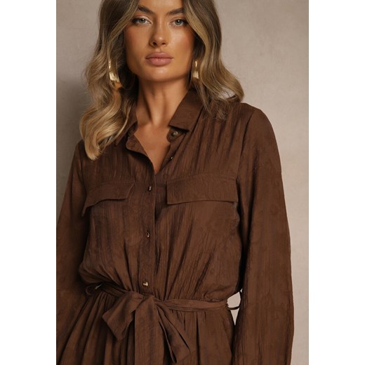 Brązowa Koszulowa Sukienka z Wiskozy o Rozkloszowanym Fasonie z Wiązaniem Renee L renee.pl