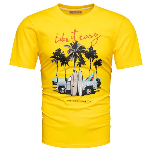 Żółta koszulka bawełniana męska t-shirt z printem 2818 - Recea ze sklepu Recea.pl w kategorii T-shirty męskie - zdjęcie 186195907