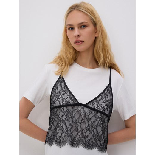 Reserved - T-shirt z koronkowym topem - złamana biel Reserved M Reserved