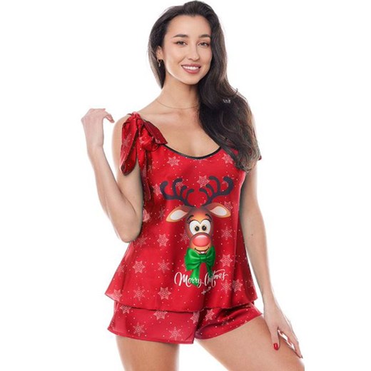 Piżama świąteczna damska czerwona Aster + bodystocking Muriel GRATIS, Kolor czerwony, Rozmiar XS, Anais ze sklepu Intymna w kategorii Piżamy damskie - zdjęcie 186203827
