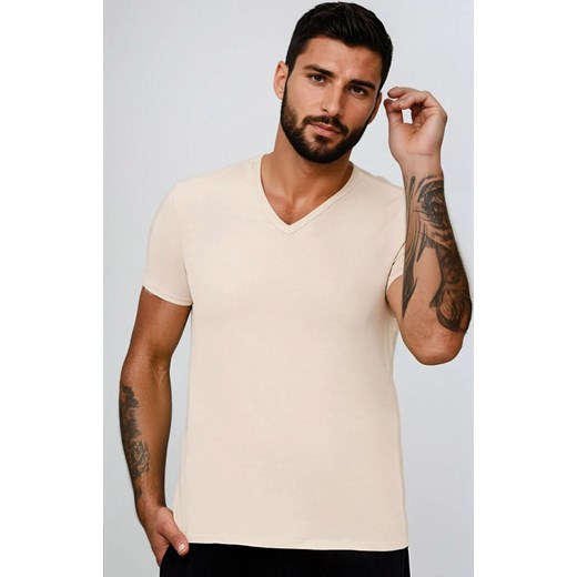 Koszulka męska w serek na krótki rękaw beżowa Apollo, Kolor beżowy, Rozmiar M, Italian Fashion ze sklepu Intymna w kategorii T-shirty męskie - zdjęcie 186203919
