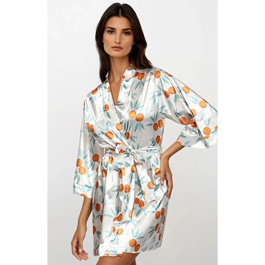 Damski szlafrok satynowy w pomarańcze DK-P 19, Kolor biały-wzór, Rozmiar XS, DKaren ze sklepu Intymna w kategorii Szlafroki damskie - zdjęcie 186204027