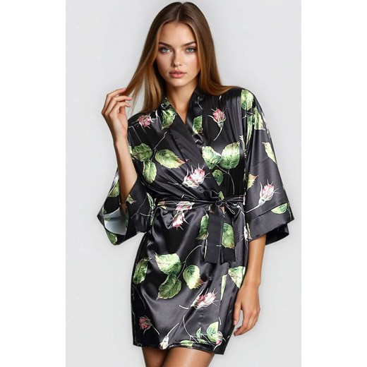 Szlafrok satynowy damski w kwiaty Flowers DK-P 008, Kolor czarno-zielony, Rozmiar XS, DKaren ze sklepu Intymna w kategorii Szlafroki damskie - zdjęcie 186204029