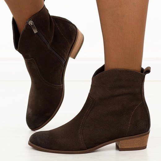 Czekoladowe skórzane Polskie botki damskie na obcasie Deoni D398A ze sklepu suzana.pl w kategorii Botki - zdjęcie 186206527