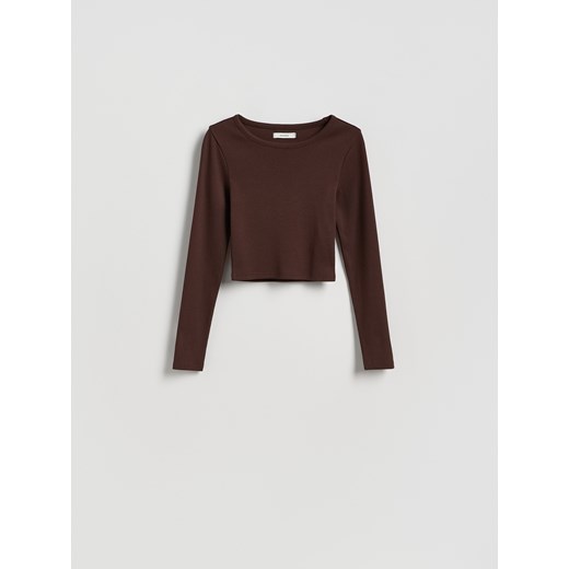Reserved - Krótki bawełniany longsleeve - brązowy ze sklepu Reserved w kategorii Bluzki damskie - zdjęcie 186206876