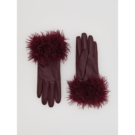 Reserved - Skórzane rękawiczki z futerkiem - mahoniowy ze sklepu Reserved w kategorii Rękawiczki damskie - zdjęcie 186210418