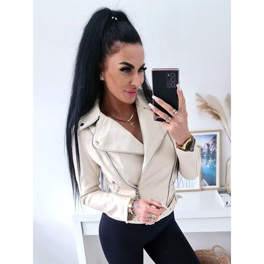 krótka ramoneska skórzana greta z paskiem - beżowa ze sklepu STYLOWO w kategorii Kurtki damskie - zdjęcie 186219109