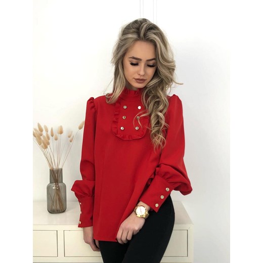 elegancka bluzka franceska z żabotem i ozdobnymi guzikami produkt polski by mielczarkowski  - czerwona ze sklepu STYLOWO w kategorii Bluzki damskie - zdjęcie 186219266