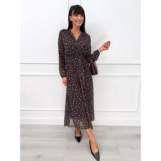 Czekoladowa Plisowana Sukienka w Groszki Modnakiecka.pl 46 ModnaKiecka.pl