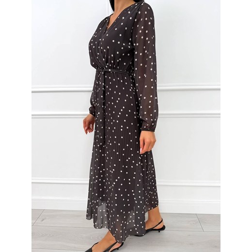 Czekoladowa Plisowana Sukienka w Groszki Modnakiecka.pl 40 ModnaKiecka.pl