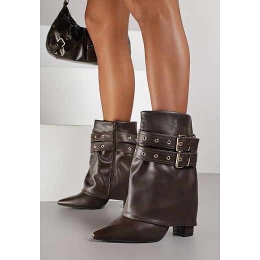 Brązowe Botki Typu Kowbojki na Obcasie z Wywiniętą Cholewką i Klamrami Cidvire 41 born2be.pl
