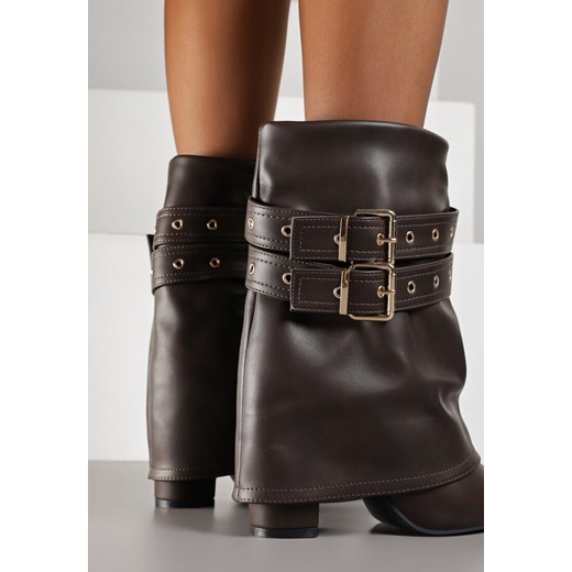 Brązowe Botki Typu Kowbojki na Obcasie z Wywiniętą Cholewką i Klamrami Cidvire 36 born2be.pl