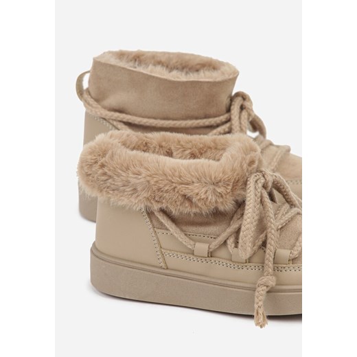 Beżowe Śniegowce ze Sznurowaną Cholewką i Futerkiem Vallera 33 born2be.pl