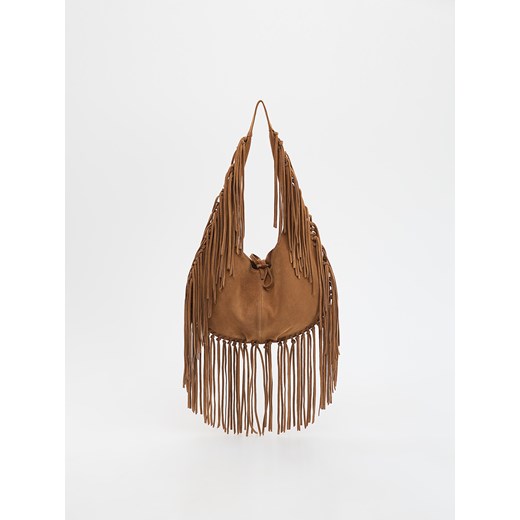 Reserved - Zamszowa torebka hobo z frędzlami - ciemnobrązowy ze sklepu Reserved w kategorii Torebki hobo - zdjęcie 186224859