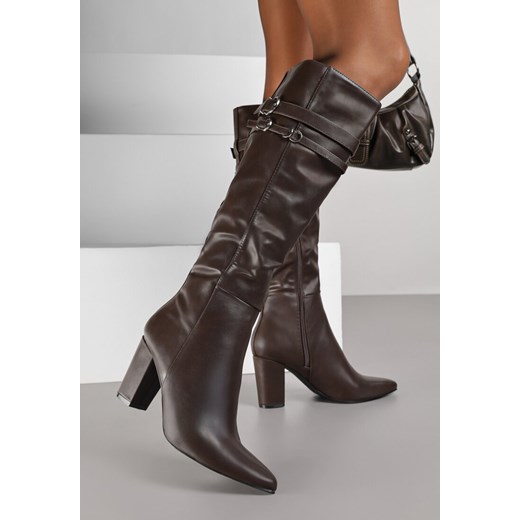 Brązowe Kozaki do Kolan na Słupkowym Obcasie ze Sprzączkami na Paskach Miobela - id: BE-703-54-BROWN - marki Renee - 186231868 Brązowe Kozaki do Kolan na Słupkowym Obcasie ze Sprzączkami na Paskach Miobela ze sklepu renee.pl w kategorii Kozaki damskie - zdjęcie 186231868