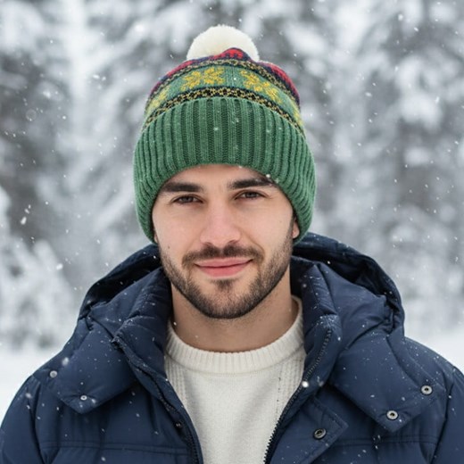 Ocieplana czapka zimowa z pomponem zielona ST-563C ze sklepu Stylion w kategorii Czapki zimowe męskie - zdjęcie 186242166