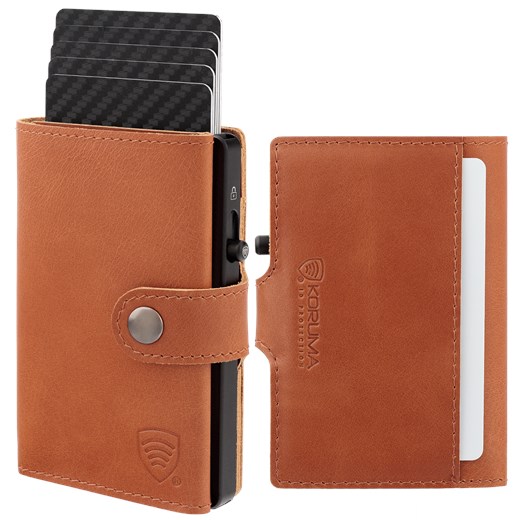 Skórzany portfel męski z zewnętrzną kieszenią na kartę oraz aluminiowym etui z wysuwanymi kartami (brąz) ze sklepu Koruma ID Protection w kategorii Portfele męskie - zdjęcie 186242216