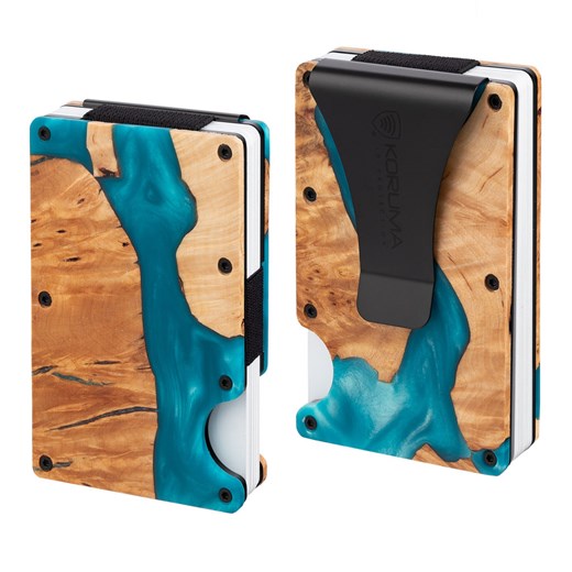 Aluminiowe etui z klipsem na karty kredytowe (drewno + turkusowa żywica) ze sklepu Koruma ID Protection w kategorii Etui - zdjęcie 186242339