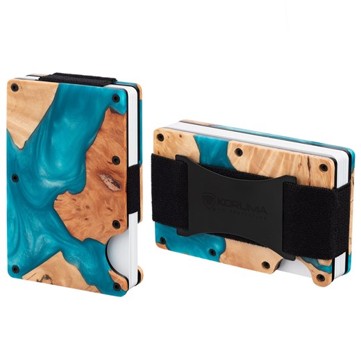 Aluminiowe etui z gumką na karty zbliżeniowe RFID (drewno + turkusowa żywica) ze sklepu Koruma ID Protection w kategorii Etui - zdjęcie 186242605