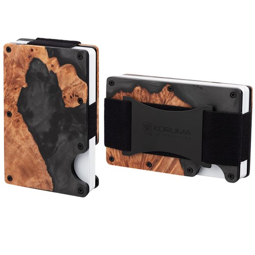 Aluminiowe etui z gumką na karty zbliżeniowe RFID (drewno + czarna żywica) ze sklepu Koruma ID Protection w kategorii Etui - zdjęcie 186242706