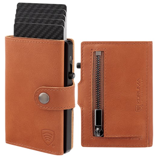 Skórzany portfel męski z kieszenią na bilon oraz aluminiowym etui z wysuwanymi kartami (brązowy) ze sklepu Koruma ID Protection w kategorii Portfele męskie - zdjęcie 186243426
