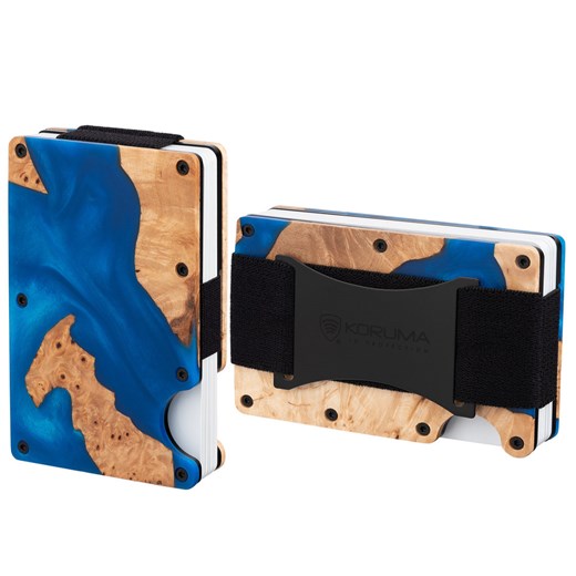 Aluminiowe etui z gumką na karty zbliżeniowe RFID (drewno + niebieska żywica) ze sklepu Koruma ID Protection w kategorii Etui - zdjęcie 186243445