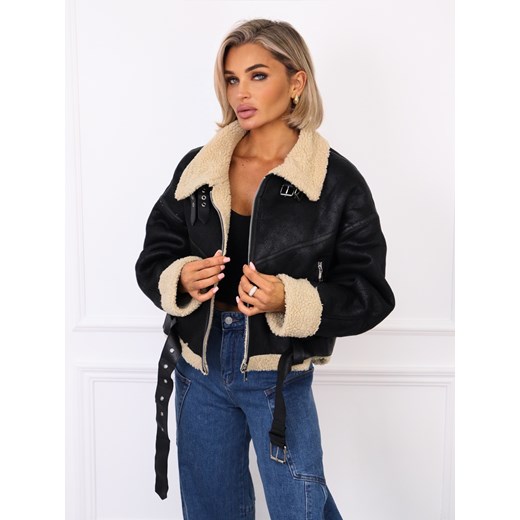 KURTKA ZIMOWA KOŻUSZEK Z PASKIEM NA DOLE- CZARNY ze sklepu olika.com.pl w kategorii Kurtki damskie - zdjęcie 186243557