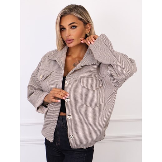 KURTKA OVERSIZE BEŻOWA W BRĄZOWE PASKI ZE ŚCIAGACZEM NA DOLE ze sklepu olika.com.pl w kategorii Kurtki damskie - zdjęcie 186243566