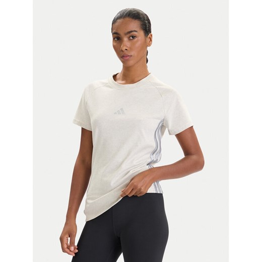adidas T-Shirt Holiday 3-Stripes JM1880 Beżowy Slim Fit ze sklepu MODIVO w kategorii Bluzki damskie - zdjęcie 186247799