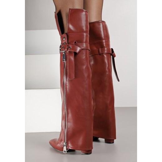 Bordowe Kozaki Kowbojki na Słupku Ozdobione Suwakiem Klamrą i Wywiniętą Cholewką Renee 37 renee.pl