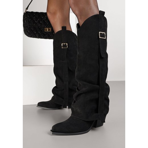 Czarne Kozaki Kowbojki na Stożkowym Obcasie z Wywiniętą Cholewką i Klamrą Naletea ze sklepu born2be.pl w kategorii Kozaki damskie - zdjęcie 186257877