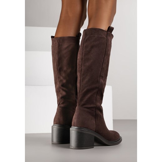 Brązowe Kozaki Oficerki Vices na Obcasie Zdobione Paskami przy Cholewce Giorela Renee 41 renee.pl