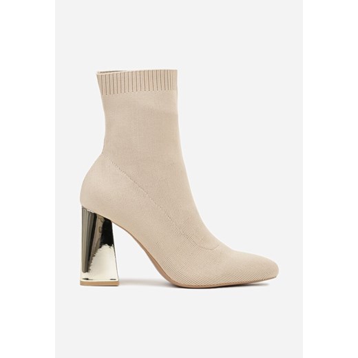 Ciemnobeżowe Eleganckie Botki VICES na Słupku ze Skarpetkową Cholewką Rasoria 37 born2be.pl