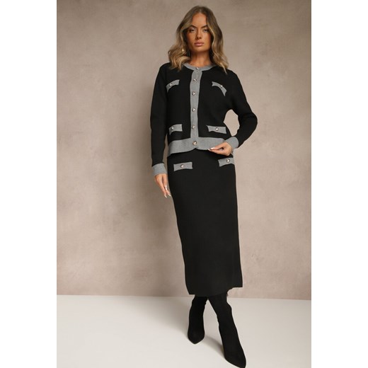 Szary Sweterkowy Komplet z Dzianiny z Bawełną Kardigan i Spódnica Derrive ze sklepu renee.pl w kategorii Komplety i garnitury damskie - zdjęcie 186260777
