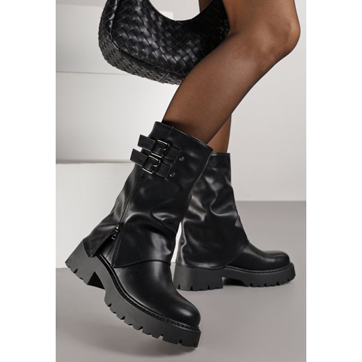 Czarne Botki Biker Boots VICES ze Sprzączkami i Cholewką Imitującą Nogawkę Anevita ze sklepu renee.pl w kategorii Botki - zdjęcie 186260967