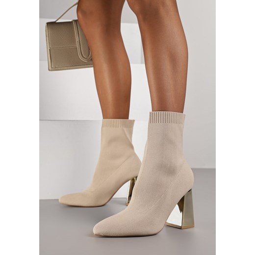 Ciemnobeżowe Skarpetkowe Botki VICES na Słupku w Eleganckim Stylu Rarana Renee 37 renee.pl