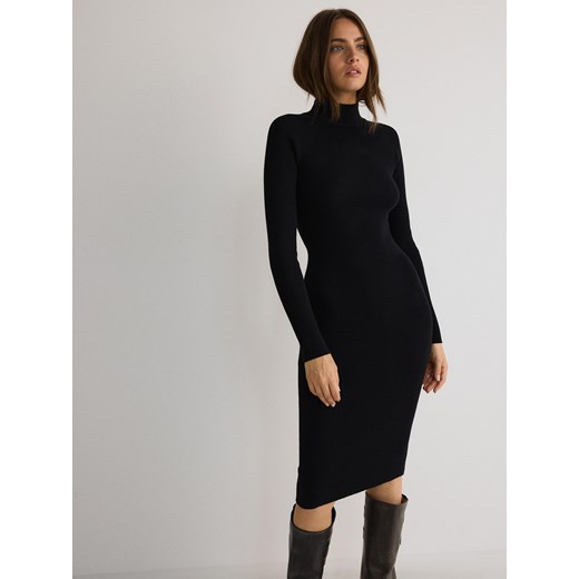 Reserved - Prążkowana sukienka midi z półgolfem - czarny Reserved XL Reserved wyprzedaż