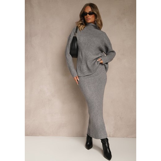 Szary Komplet z Dzianiny z Wełną w Prążki Golf i Ołówkowa Spódnica Falirea ze sklepu renee.pl w kategorii Komplety i garnitury damskie - zdjęcie 186262946