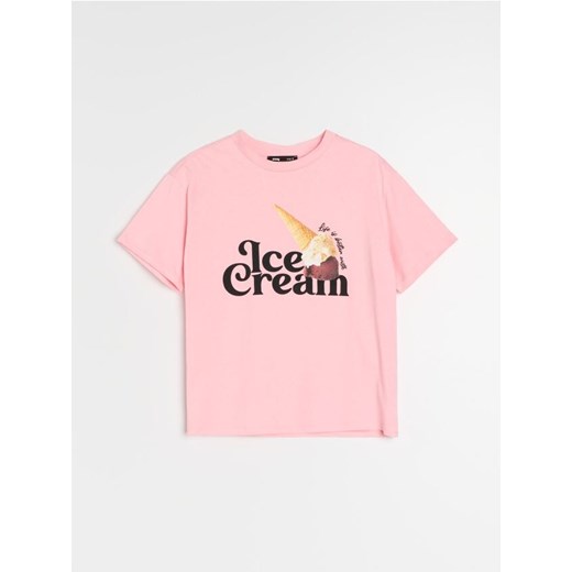 Sinsay - Bawełniana koszulka z nadrukiem - różowy Sinsay XL Sinsay