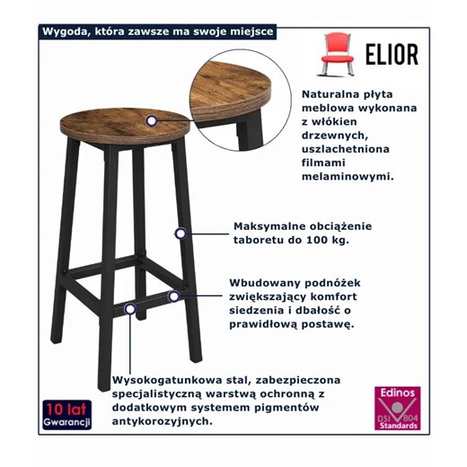 Drewniany rustykalny taboret na czarnym stelażu T6-M59 Elior Edinos.pl