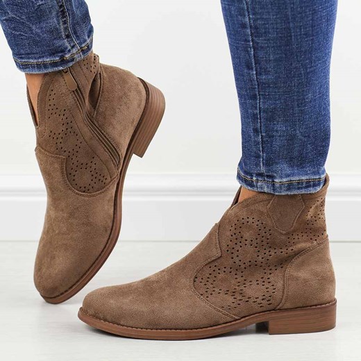 Jesienne coffee zamszowe ażurowe botki damskie S.Barski 151 ze sklepu suzana.pl w kategorii Botki - zdjęcie 186274065