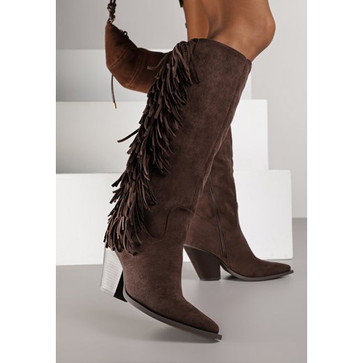 Ciemnobrązowe Kozaki Kowbojki z Imitacji Zamszu z Frędzlami i Stożkowym Obcasem Rafilea ze sklepu renee.pl w kategorii Kozaki damskie - zdjęcie 186278835