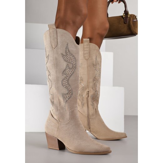 Ciemnobeżowe Kozaki Kowbojki na Stożkowym Obcasie Zdobione Cyrkoniami Nalasania Renee 41 renee.pl