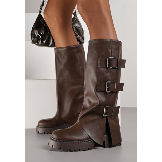 Ciemnobrązowe Kozaki VICES z Wywiniętą Cholewką Zdobioną Sprzączkami Anileria ze sklepu renee.pl w kategorii Kozaki damskie - zdjęcie 186279068