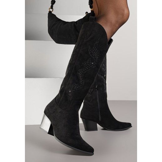 Czarne Kozaki Kowbojki na Stożku z Cholewką z Cyrkoniami Nalikka ze sklepu born2be.pl w kategorii Kozaki damskie - zdjęcie 186279557