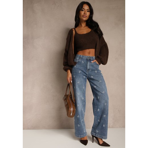 Niebieskie Jeansy Wide Leg High Waist z Haftem w Kształcie Kokardek Salimessa ze sklepu renee.pl w kategorii Jeansy damskie - zdjęcie 186285795
