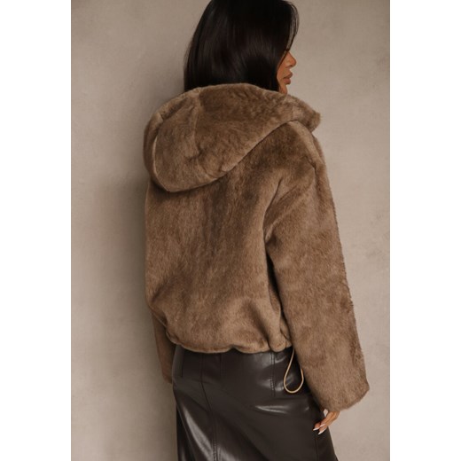 Brązowa Kurtka Futerko Typu Teddy z Nieodpinanym Kapturem Lanikka Renee M renee.pl