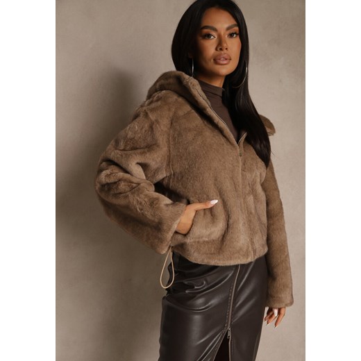 Brązowa Kurtka Futerko Typu Teddy z Nieodpinanym Kapturem Lanikka Renee M renee.pl