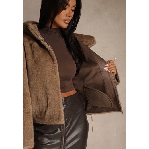 Brązowa Kurtka Futerko Typu Teddy z Nieodpinanym Kapturem Lanikka Renee S renee.pl