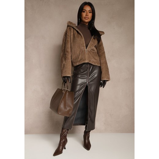 Brązowa Kurtka Futerko Typu Teddy z Nieodpinanym Kapturem Lanikka Renee L renee.pl